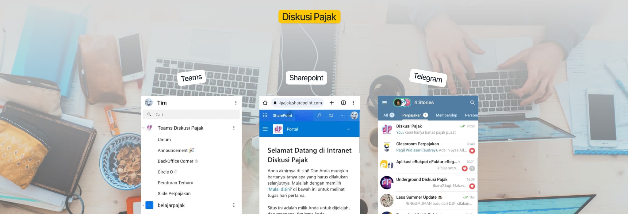 Gambar Feature aplikasi yang digunakan dalam diskusi perpajakan sharepoint teams telegram